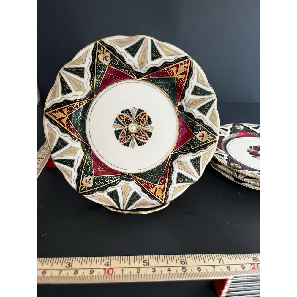Antique Alhambra Austria Porcelain Plate Set 5.5" Art Deco Geometric Gold 4pc